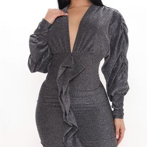 NWT Fashion Nova Camera Ready Metallic Mini Dress Black Silver Large